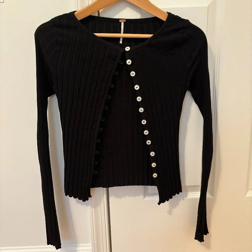 FREE PEOPLE Tilly Ribbed Long Sleeve Button-Up Black XS - Picture 7 of 9